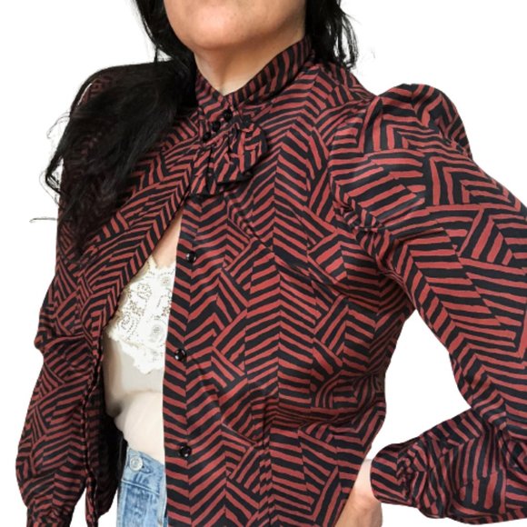 Vtg Geometric Puff Sleeve Ruffle Tab Patterned Top - Picture 12 of 15